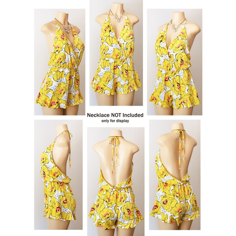 Yellow Tropical Floral Open Back Halter Romper - Picture 7 of 8
